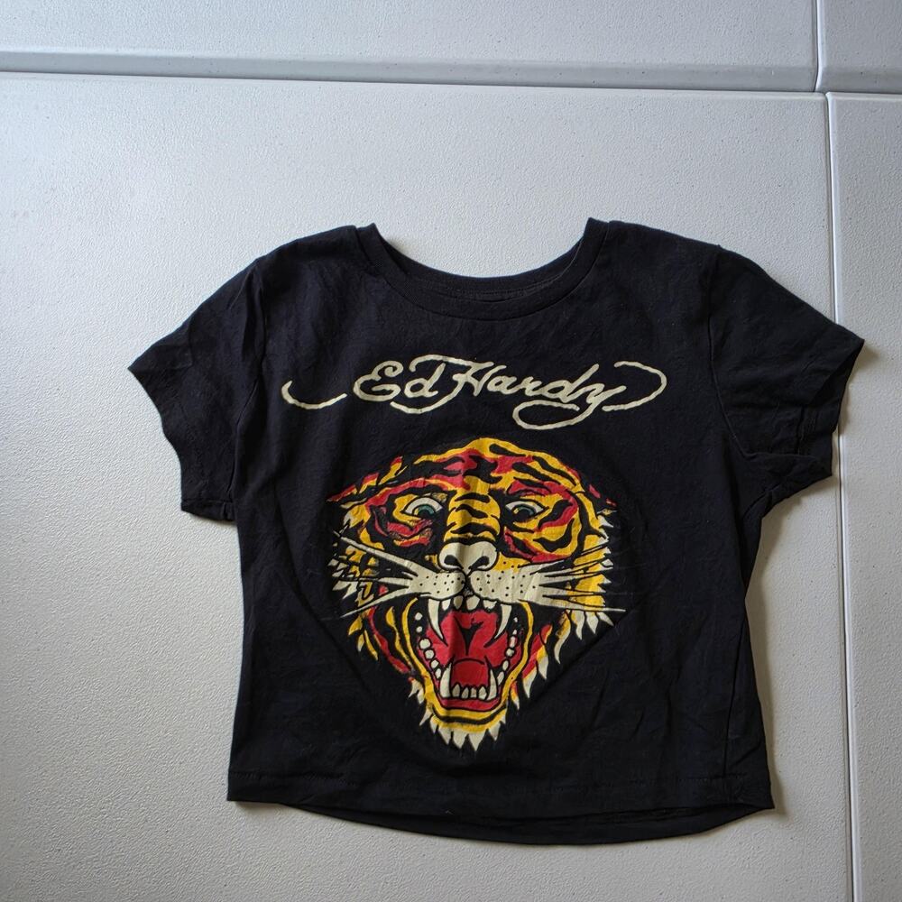 Ed Hardy Tee Shirt Medium Black Tiger Graphic Tattoo Logo Top Crew Neck